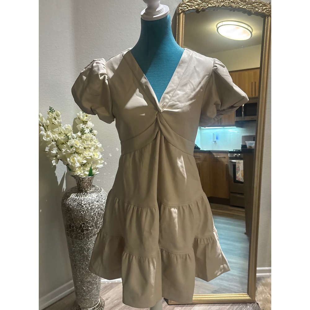 Everyday Skies Are Blue Faux Leather Tiered Mini Dress Puff Sleeve Beige Tan NEW